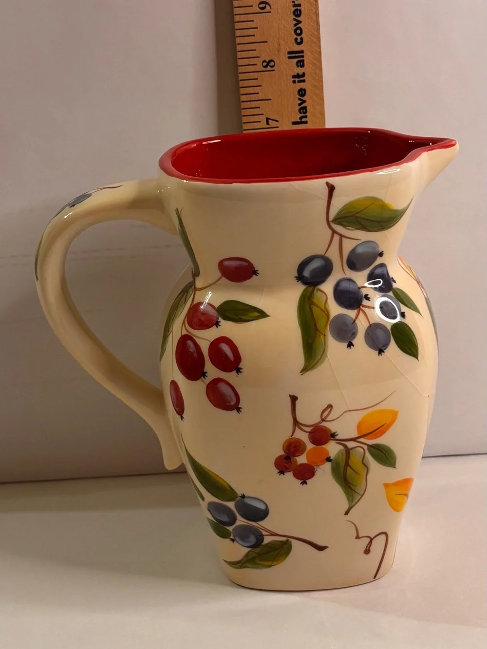 Hand-Painted Ceramic Fruit Pitcher - Cream Exterior with Red Interior - Picture 8 of 10
